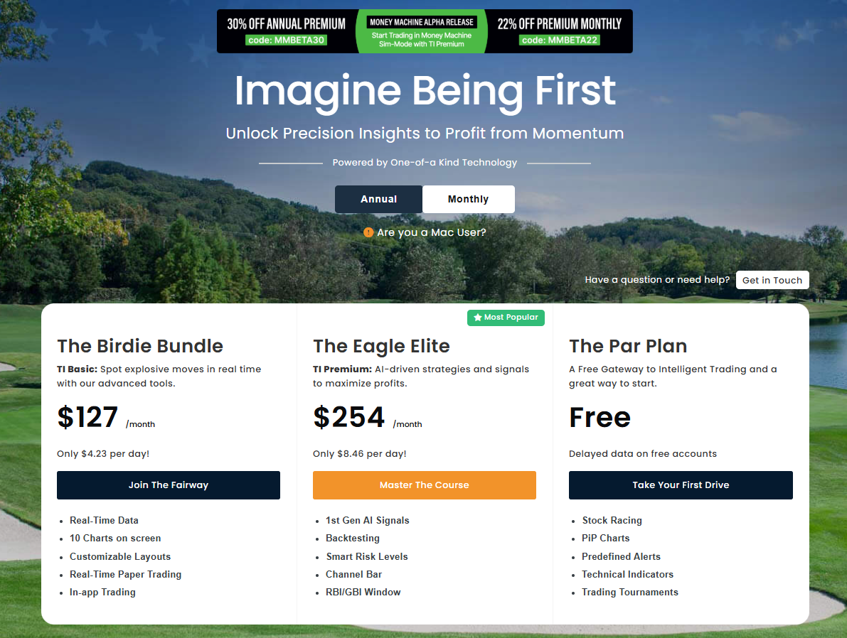 A side-by-side comparison table of Trade-Ideas Standard vs. Premium pricing plans showing features like Holly AI access, Brokerage Plus, and The OddsMaker.