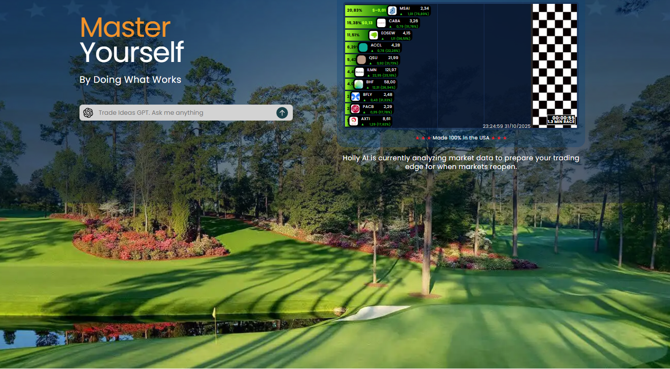 A dynamic dashboard from the Trade Ideas scanner showing real-time market data and AI alerts.
